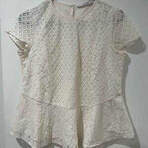 3/$15 Zara Cream Eyelet Lace Short Sleeve Peplum Lined Blouse Size Medium